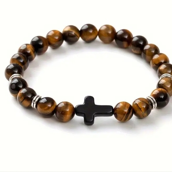 NEW Dark brown beads stretch bracelet with cross - Picture 1 of 3
